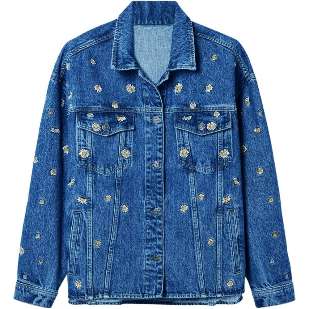 Desigual Embroidered Daisy Denim Jacket Womens Small Blue $209 Ttucker Daisy NWT